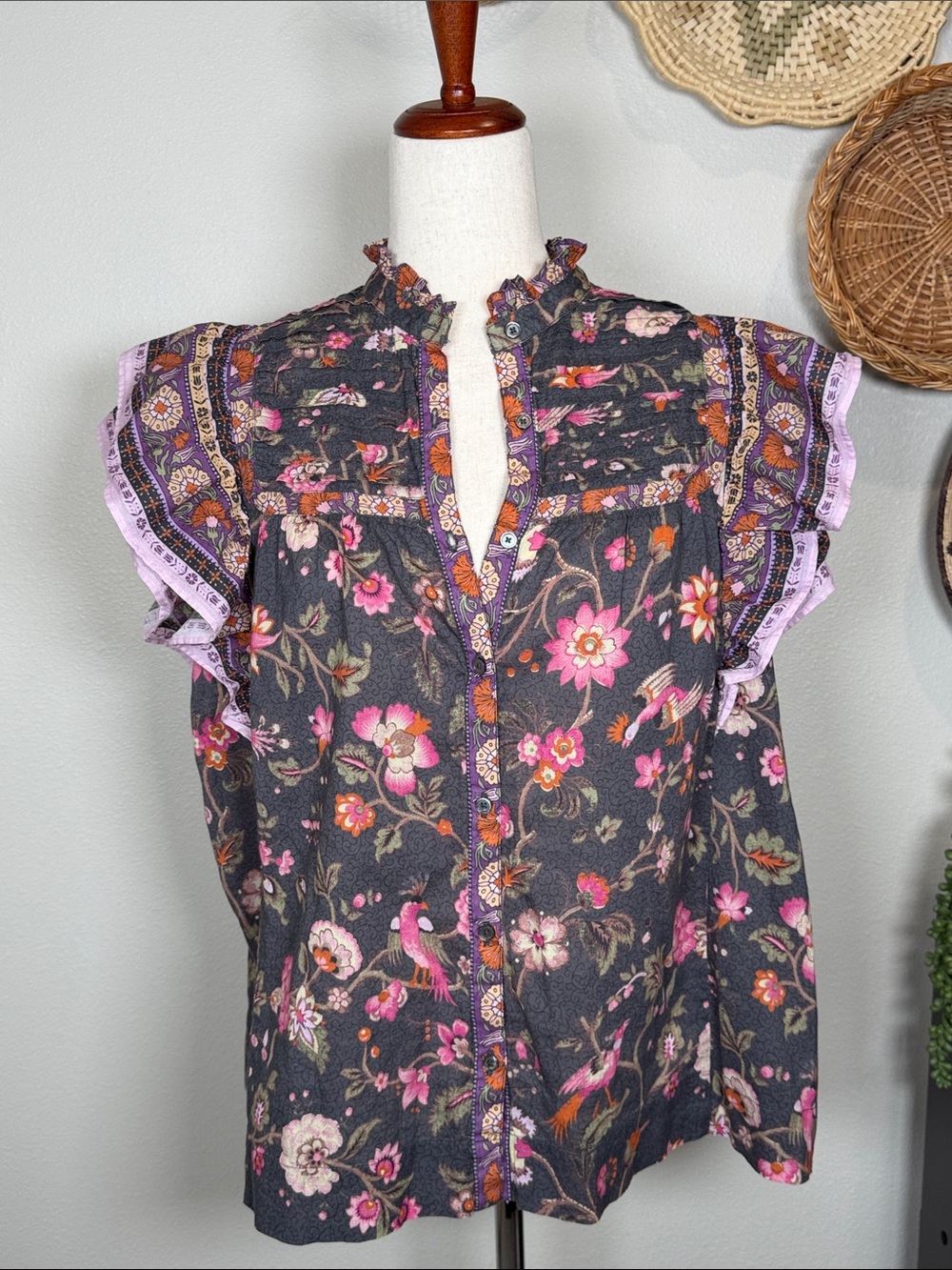 Sundance Marcleine Floral Top Coquette Ruffle Pintuck Boho Cottagecore Large - Picture 2 of 14
